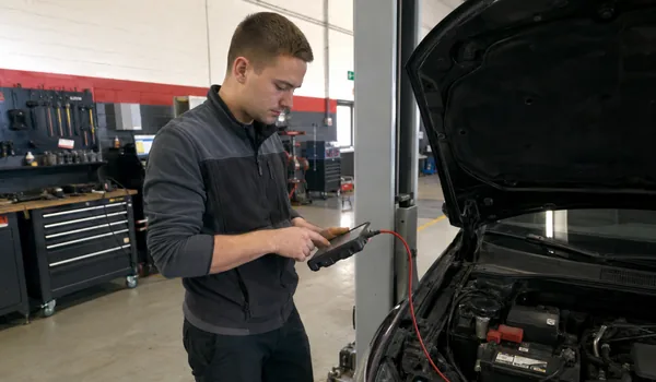 Technician reading a handheld battery tester by a car with its bonnet open; its software is updated twice a year for new models.