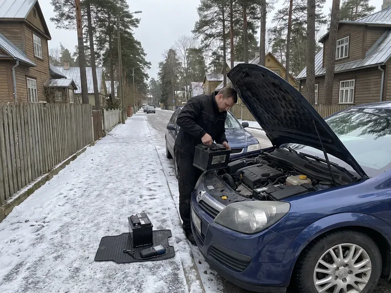 Technician lifting an old battery from a dark blue hatchback on a snowy Nõmme street; insulated-handled spanners, a new battery and tester are nearby.