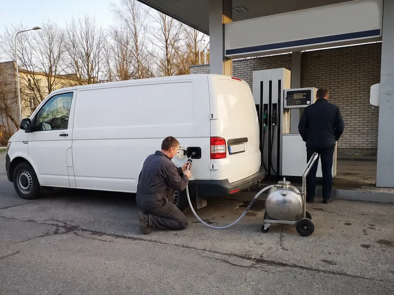 Technician draining fuel from a white van into a steel container at a filling station; the attendant is informed before work begins.