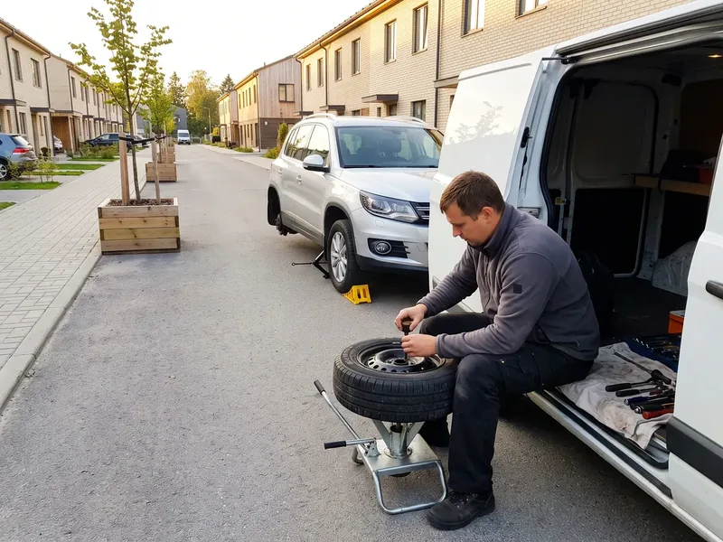 Technician repairing a tyre at the side door of a van in Peetri; the tyre's inner surface is roughened before the mushroom plug is fitted.