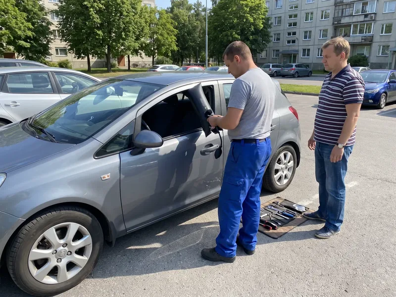 Технік вставляє пневмоклин у двері сірого хетчбека, власник стоїть поруч. Перед відкриттям технік уточнює, яка в авто сигналізація й де її пульт.