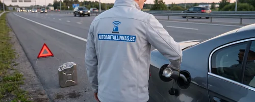 Technician delivering fuel to a grey car beside a main road, with a can and warning triangle nearby; the filler neck is wiped dry afterward.