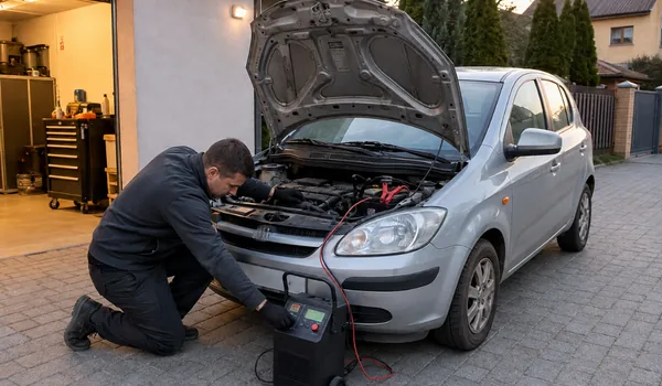 Aku laadimine kohapeal koduhoovis, tehnik põlvitab hõbedase auto ees akuga ühendatud laadija juures, AGM-aku laetakse laadija eraldi laadimiskõveraga.