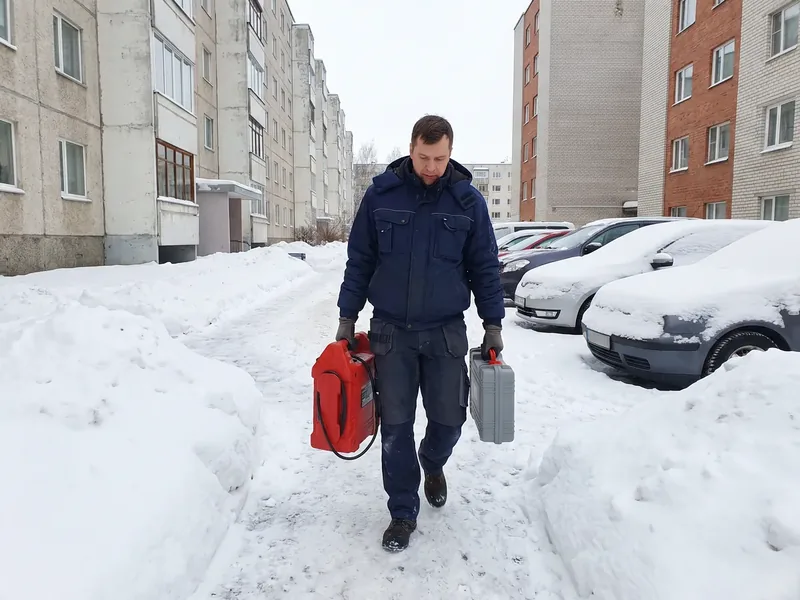 Tumesinises tööjopes tehnik kõnnib kortermajade hoovis lumevallide vahel, ühes käes punane buuster ja teises hall testrikohver, tehniku talvesaabaste tallas on jäise hoovi jaoks teraspiigid.