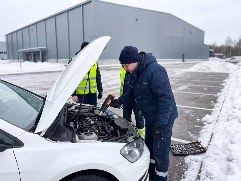 Tumesinises tööjopes ja mütsiga tehnik suunab lumisel parklal valge auto avatud kapoti alla oranži kuumaõhupüstoli, taga suur hall hoone ja kaks helkurvestis inimest, kuumaõhupüstol töötab kaubiku 230-voldise inverteri pealt.