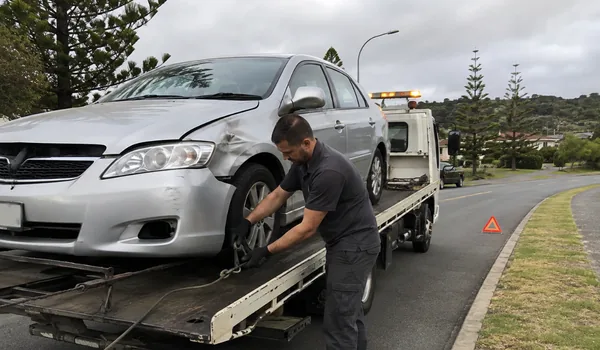 Avariijärgne teisaldamine, tehnik kinnitab mõlkis esiporilauaga hõbedase sõiduauto ratast platvormveokil, teel on ohukolmnurk, avariiauto tõstetakse platvormile vigastamata otsaga ees.