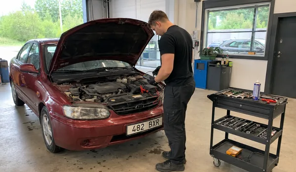 Generaatori ja laadimissüsteemi kontroll, tehnik töötab bordoopunase sõiduauto avatud mootoriruumis aku juures, kõrval tööriistakäru, aastal 2025 kontrolliti generaatorit 566 autol.